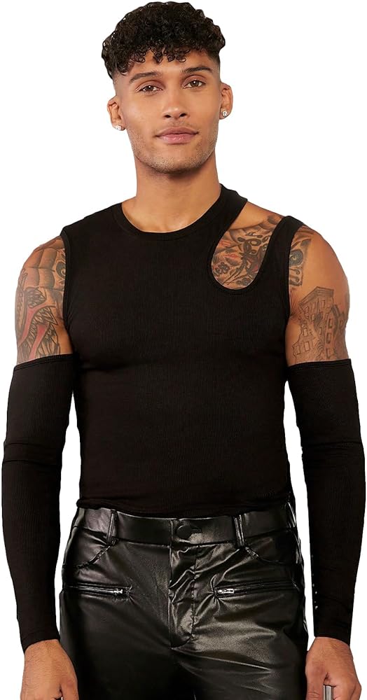 OYOANGLE Men's Long Sleeve Asymmetrical Neck Cold Shoulder Cut Out Slim Fit Clubwear Tee Shirt Tops