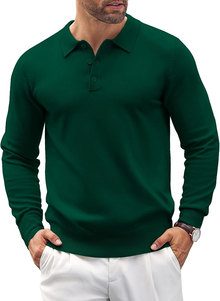 COOFANDY Mens Knit Polo Shirts Casual Long Sleeve Classic Polo Shirts Button Down Golf Shirts