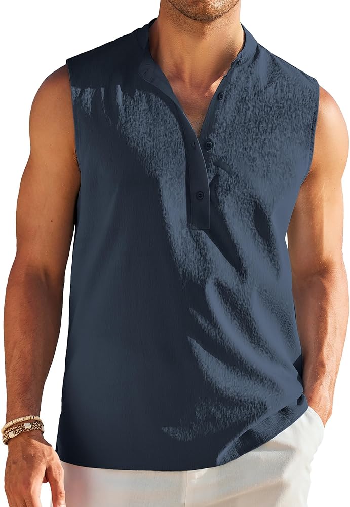 COOFANDY Mens Sleeveless Henley Shirt Casual Beach Tank Navy Blue