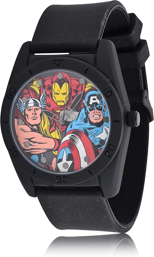 Accutime Marvel Adult Men's Analog Watch - Silicone Finish Strap, Printed Marvel Characters on Dial, Round Case, Male, Analog Wrist Watch in Black (Model: CLM1257AZ)