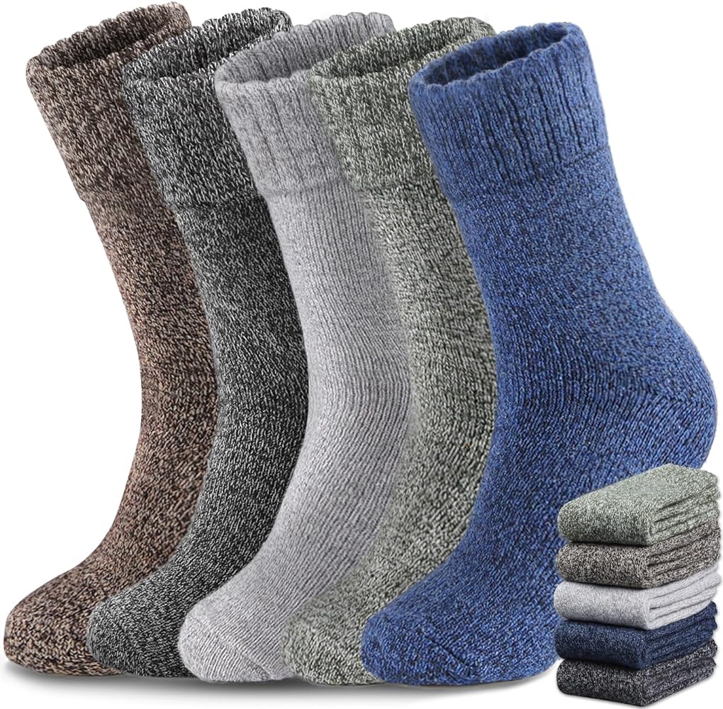 Yeblues 5 Pairs Merino Wool Socks Mens, Thick Warm Winter Socks, Hiking Socks Soft Casual Socks for Men