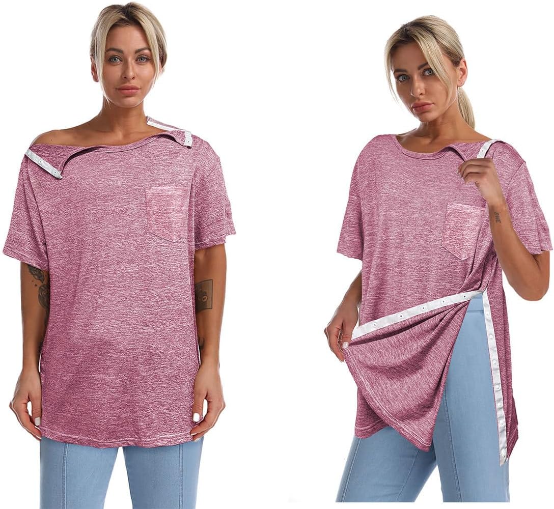 Post Shoulder Surgery Shirts for Women Unisex Snap Tear Away Shirt for Men Short Sleeve Chemo Port Access Adaptive Clothing