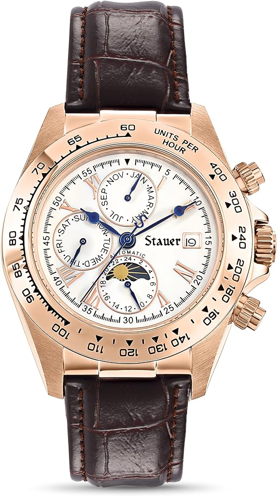 Stauer Speedway Automatic Watch for Men – Iconic Design Analog Watch – Crocodile-Embossed Brown Leather Watch Band – Rose Gold-Finished Watch Case – Elegant Present for Men