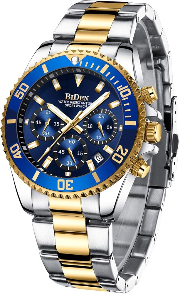 BIDEN Mens Watches Chronograph Gold Blue Stainless Steel Waterproof Date Analog Quartz Watch Business Casual Fashion Wrist Watches for Men