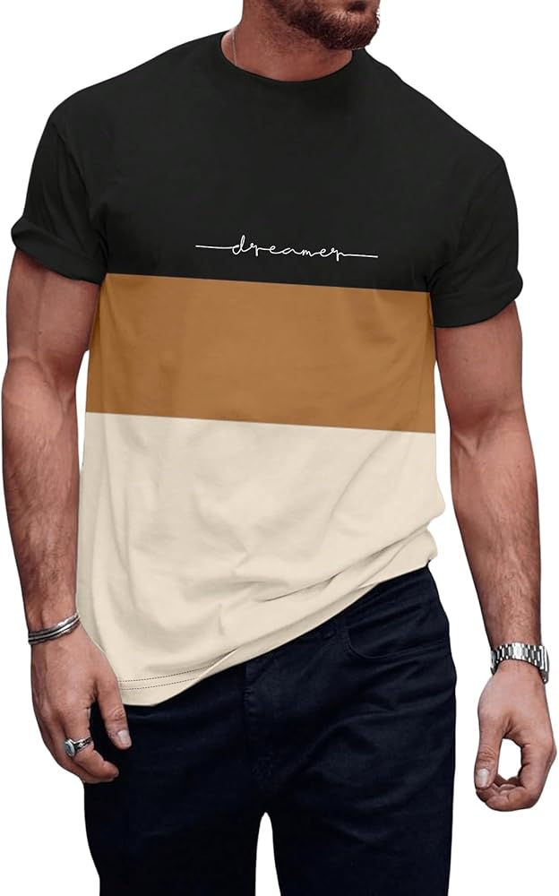 Floerns Men's Letter Print Short Sleeve Colorblock Crewneck Casual Tee Shirt