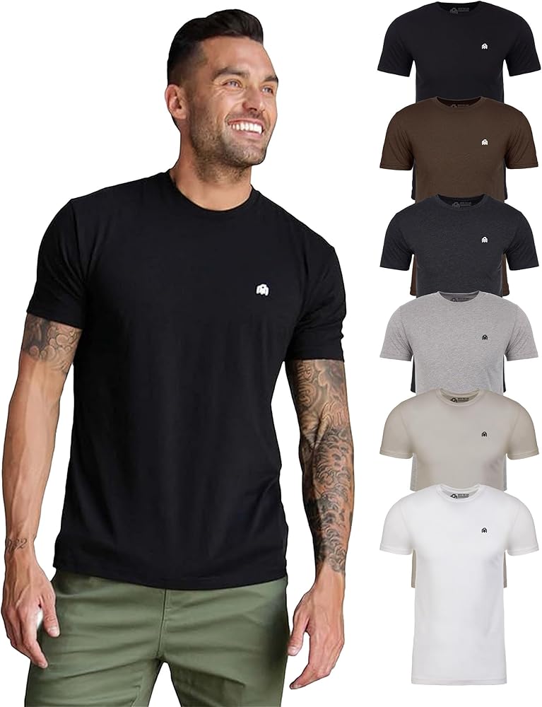 INTO THE AM Premium Men's Fitted T-Shirt 6-Pack - Modern Fitted Fresh Classic Crew Neck Basic Logo Tee Shirts Men Multi Pack (Black/Espresso/Charcoal/Dark Heather Gray/Sand/White, X-Large)