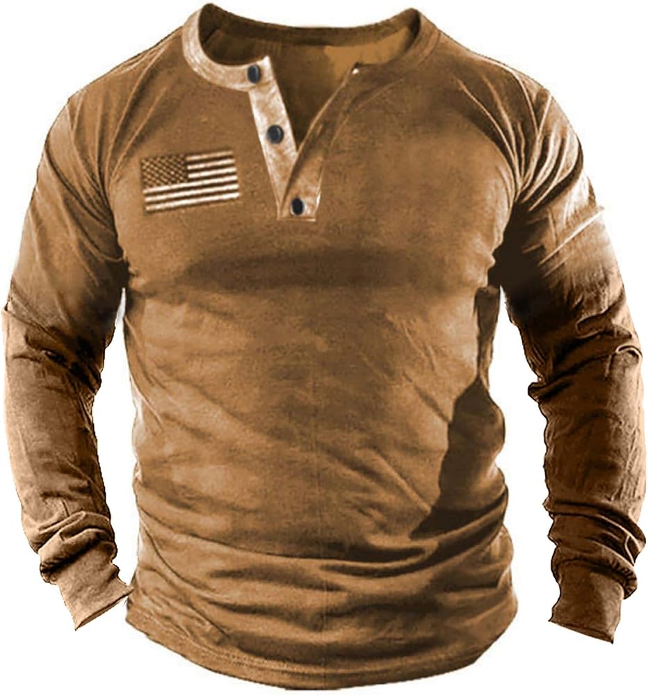 Mens Vintage Henley Shirts Relaxed Fit Patriotic Shirts Long Sleeve Button Down T-Shirts