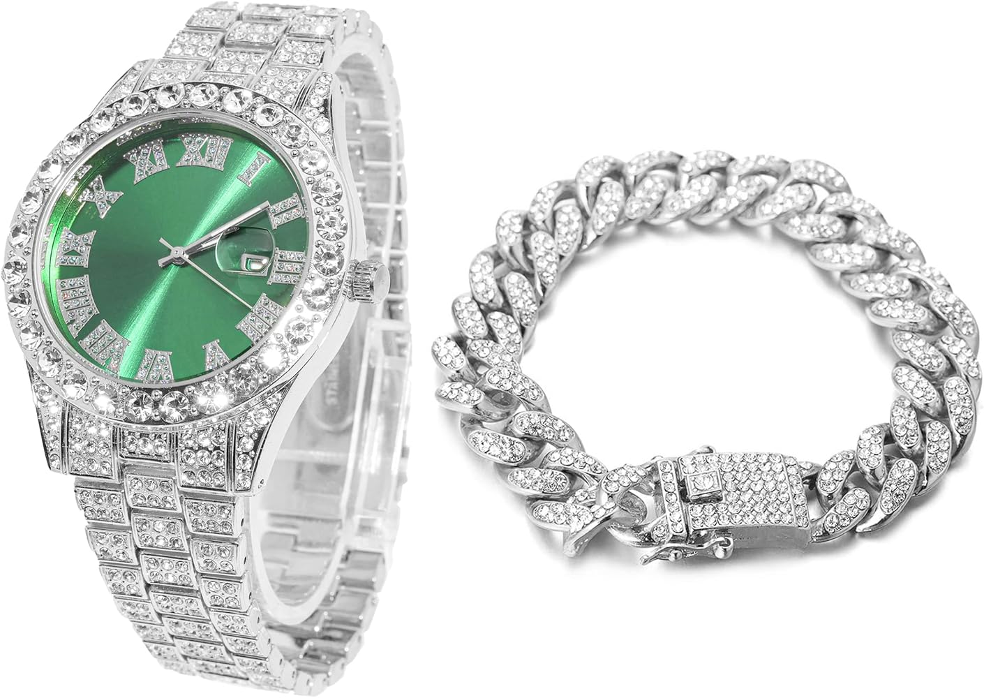 Halukakah Diamond Watch for Men - PRESIDENT - 18K Real Gold/Platinum White Gold Plated & Handset Diamonds Iced Out,42MM Width Green/Blue/Red Dial Wristband 9.5”,Cuban Link Chain 8"+18",Comes with Giftbox