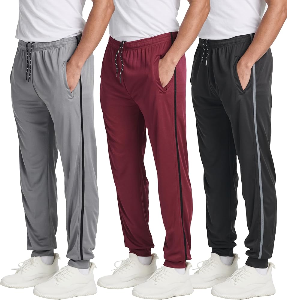 Real Essentials 3 Pack: Men's Tech Mesh Active Athletic Casual Jogger Sweatpants with Pockets(Available in Big & Tall)