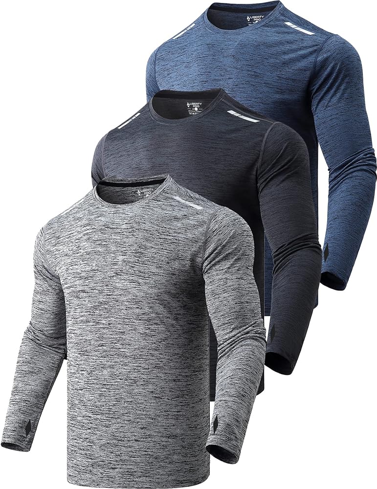 3 Pack: Men's Long Sleeve T Shirts, Dry Fit UV Sun Protection Outdoor Hiking Athletic Active Tops with Thumb Holes