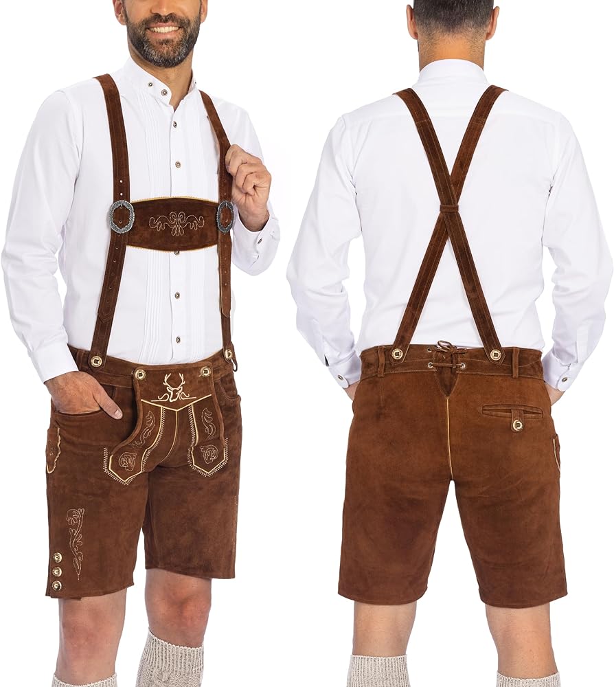 Lederhosen Men - Genuine Leather Authentic German Lederhosen for Men, Oktoberfest Outfit - Short Dark Brown