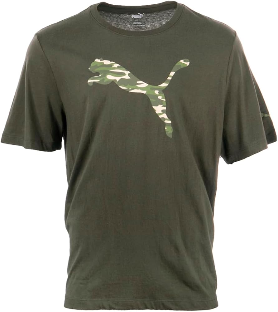 Puma Mens Forest Camo Cat Crew Neck Short Sleeve Athletic Tops Casual - Green