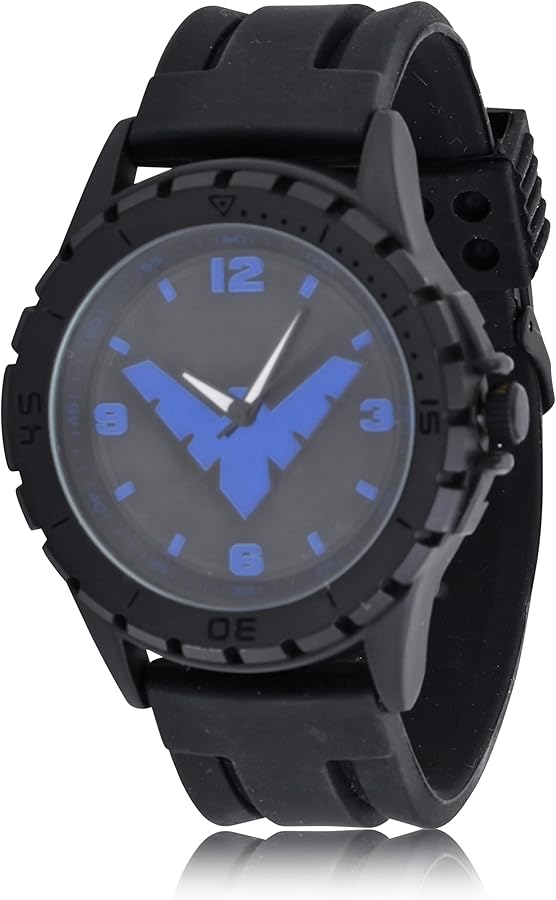 Accutime DC Comics Nightwing Logo Adult Men's Analog Watch - Silicone Strap, Glass Dial Face, Mattle Case, Male, Analog Wrist Watch in Black (Model: NWG9002AZ)