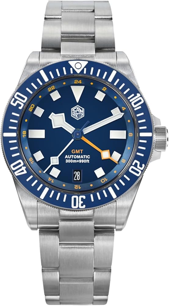 watchdives San Martin Dive Watch, NH34 Automatic Watches SN0121B Dual Time Zone Wristwatch 39mm Sapphire Crystal 300M Waterproof Mens Watches