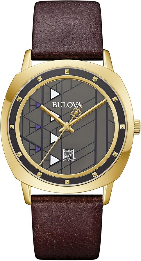 Bulova mens Frank Lloyd Wright Hollyhock House Gold Tone Stainless Steel 3-Hand Quartz, Brown Leather Strap Style: 97A173