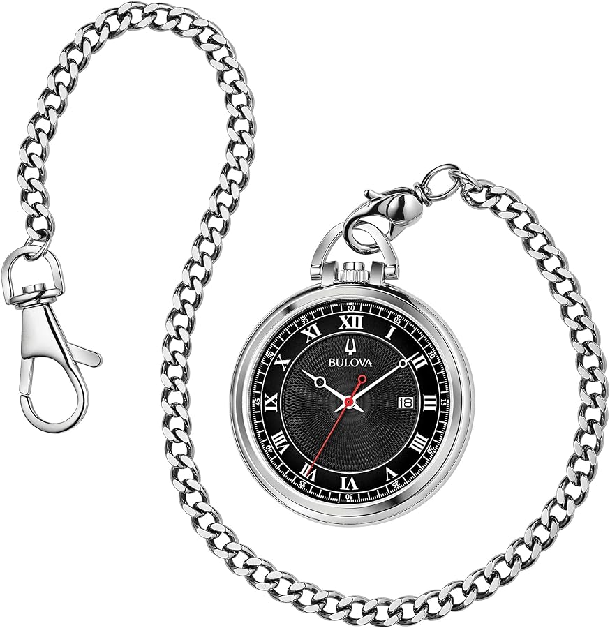 Bulova Classic Pocket Watch 3-Hand Date Quartz Stainless Steel, Black Dial with Detachable Chain Style: 96B308