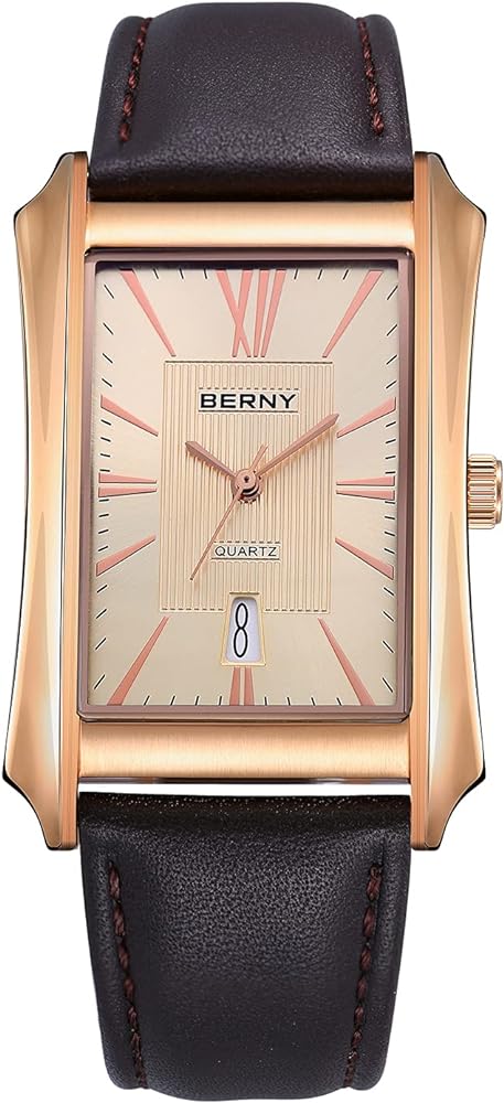 BERNY Mens Business Casual Quartz Watches Stainless Steel Case with Leather Strap Rectangular Watches for Men (Black, White, Grey, Rose Gold)