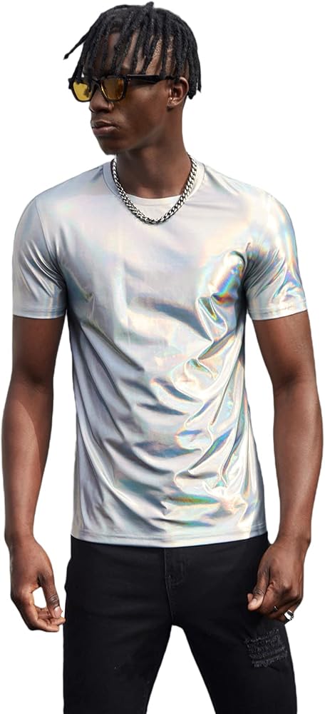 WDIRARA Men's Round Neck Short Sleeve Metallic Tee Top Party T Shirts