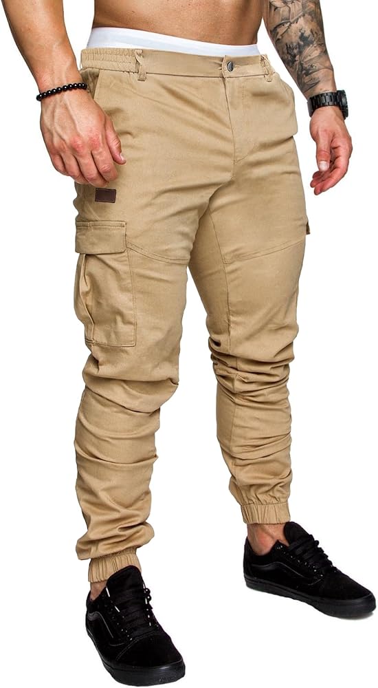 Men's Casual Cargo Pants Joggers Hiking Sweatpants Stretch Elastic Waist Work Pants with 6 Pockets