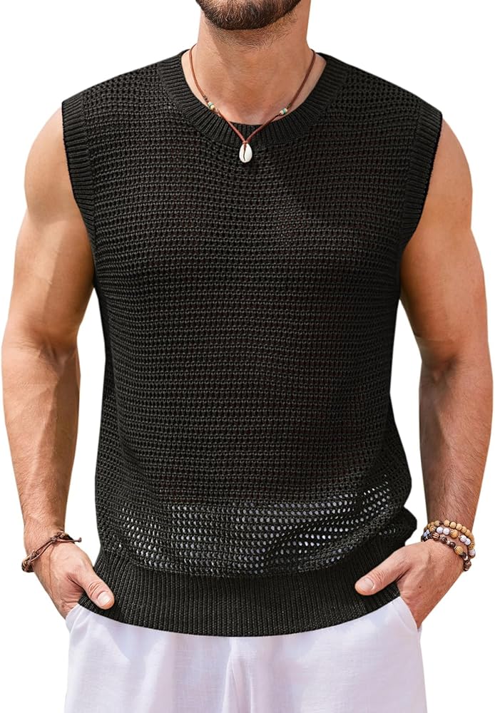 Runcati Mens Knitted Tank Tops Sleeveless Crochet See Through T-Shirts Muscle Summer Beach Hippie Shirts