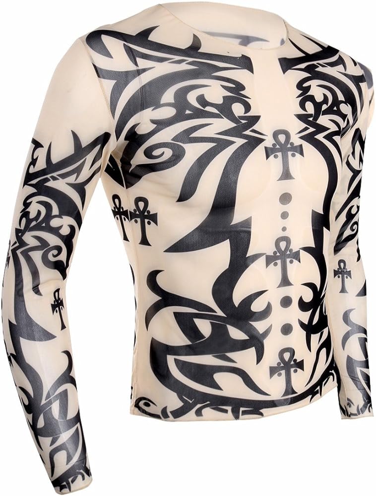 iiniim Men's Fake Tattoo Tribal Inspired Print Elastic Long Sleeve T-Shirt Tops Clubwear