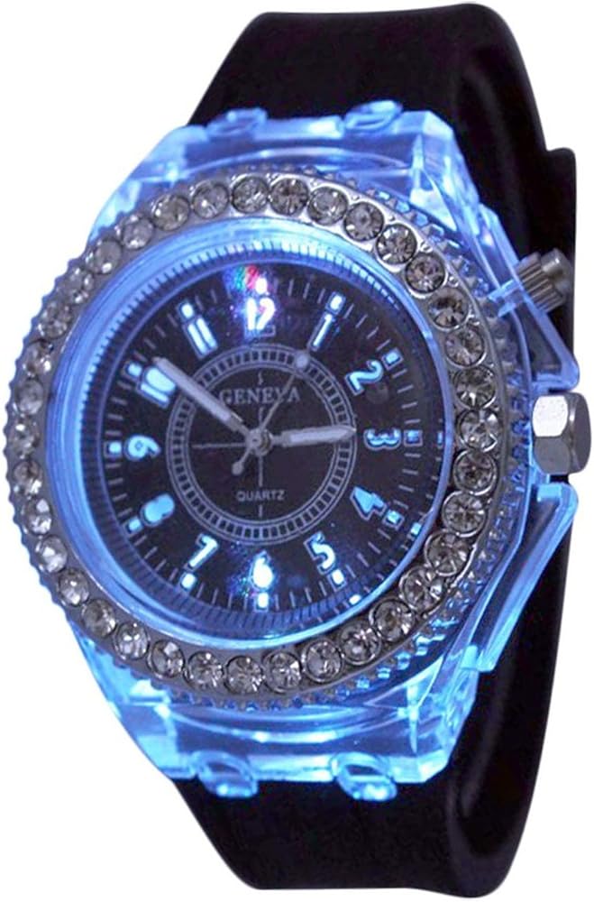 FANMIS Unisex Sports Rhinestone LED Flashing Light up Color Changing Silicone Jelly Watch Black