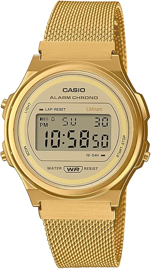 Casio Collection Vintage Unisex Digital Watch with Stainless Steel Strap, Gold, A171WEMG-9AEF