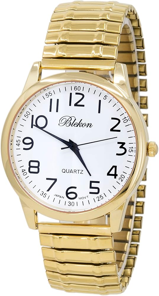 Blekon Collections Unisex Large Face Easy to Read 40mm Case Japanese Quartz Movement Stretch Band Watch (Gold)