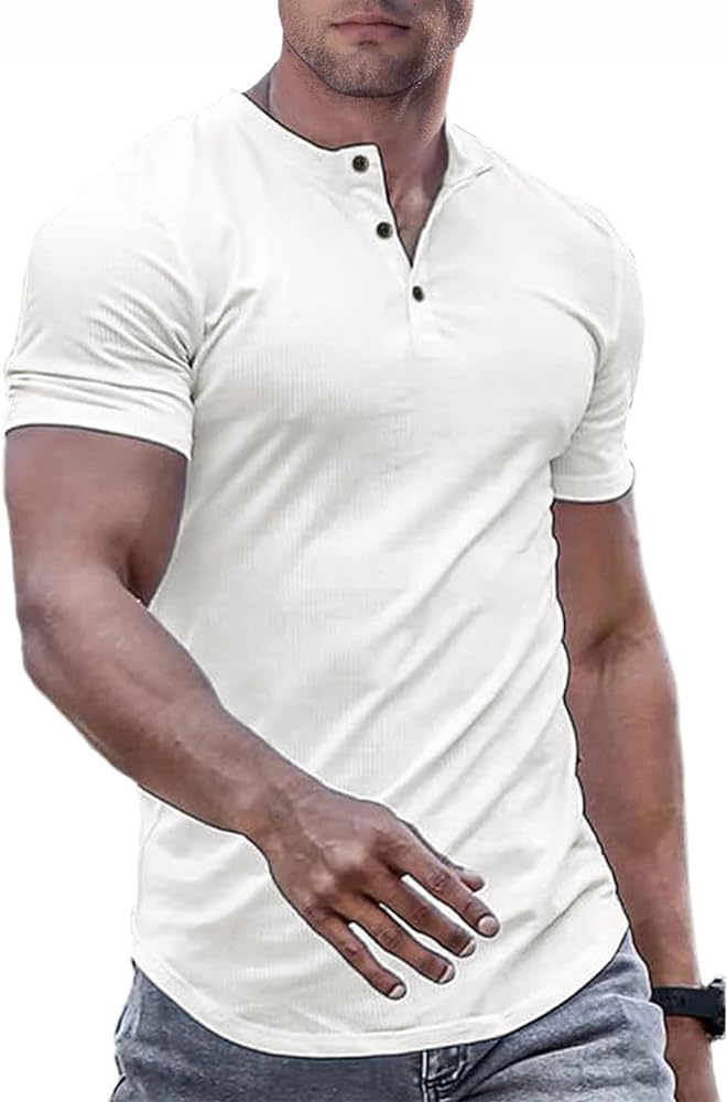 JMIERR Men's Muscle Slim Henley Shirts Crewneck Longline T-Shirt Gym Workout Athletic Shirt Tees with Button