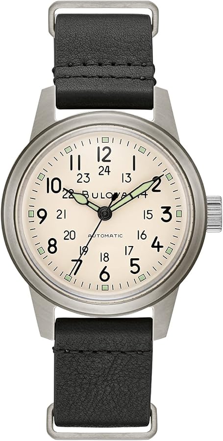 Bulova Men's Military Heritage Hack Stainless Steel 3-Hand Automatic Watch, NATO Leather Strap, Luminous Hands and Markers, Black Leather/Ivory Dial