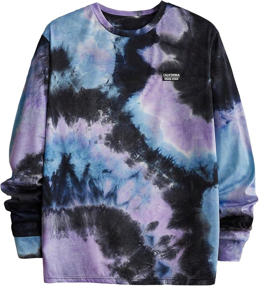 SOLY HUX Men's Long Sleeve Shirts Tie Dye Letter Tshirt Crew Neck Casual Tee Tops