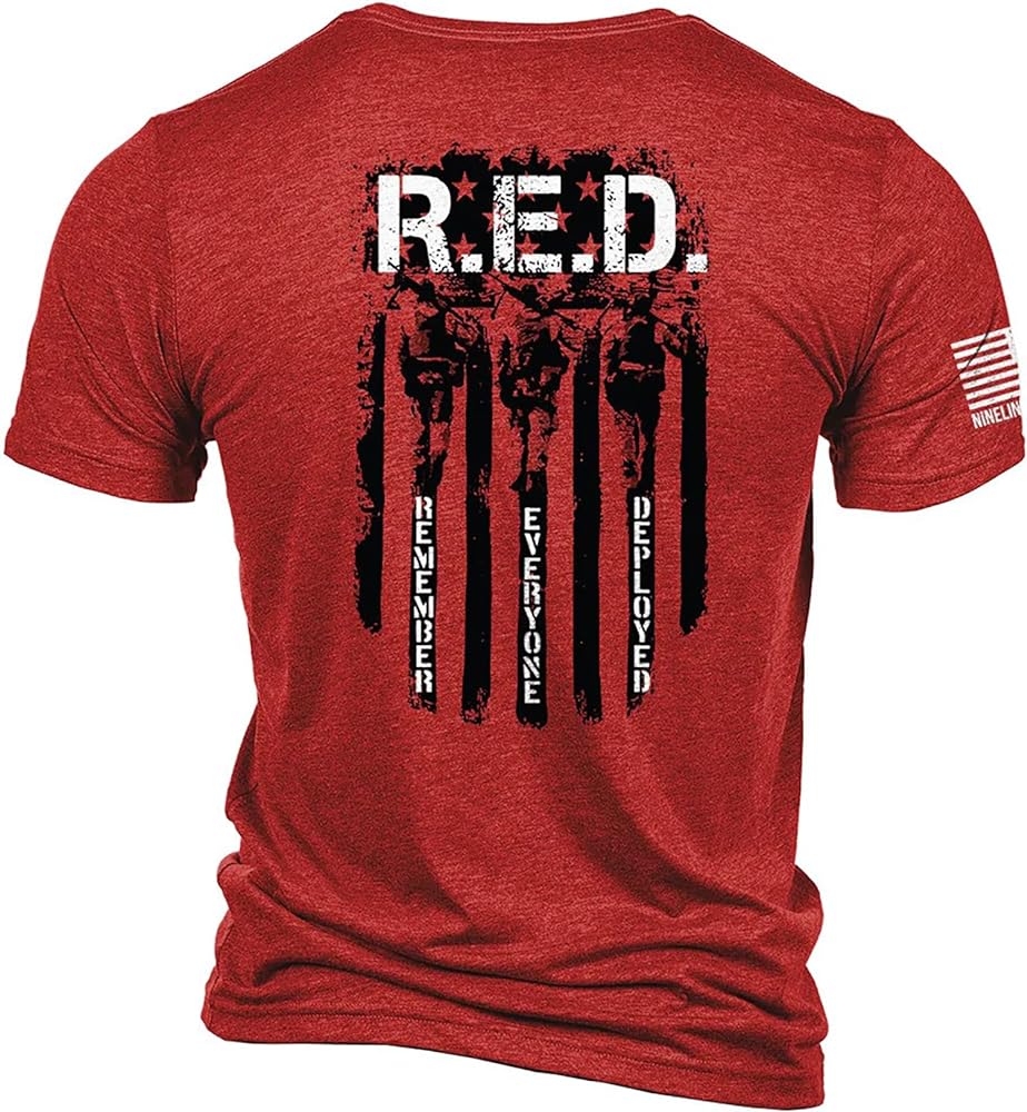 Nine Line RED Friday. Remember Everyone Deployed Unisex Patriotic Veteran Shirt - American Flag and Dropline Logo