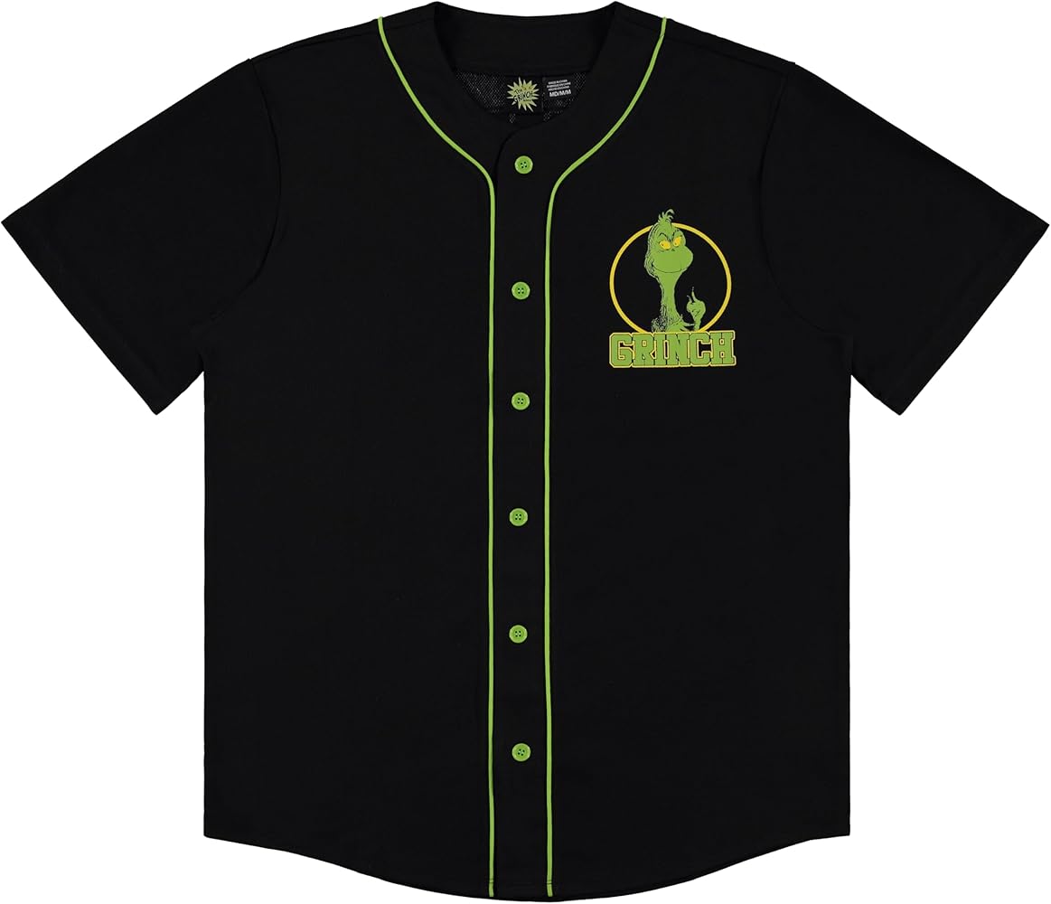 Mens The Grinch Baseball Jersey - Mens Classic Dr Suess The Grinch Mesh Button Down Baseball Jersey - The Grinch Shirt