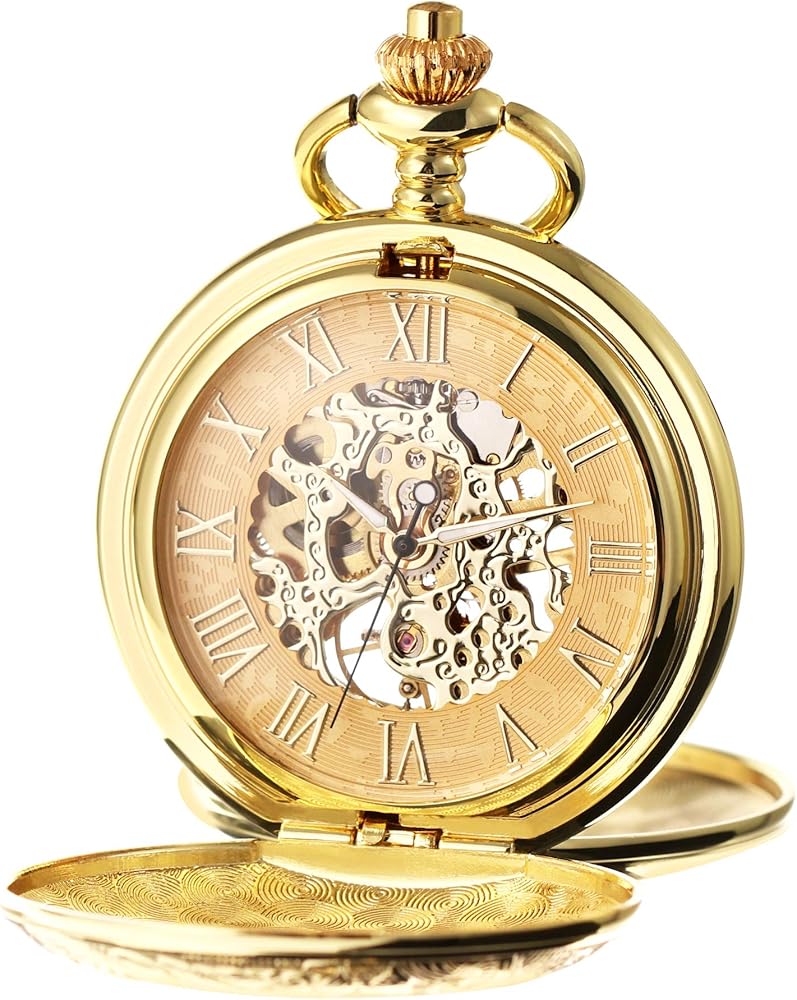 Men's Mechanical Skeleton Pocket Watch for Mens Women Blue Roman Numerals Dial Double Case Pocket Watches