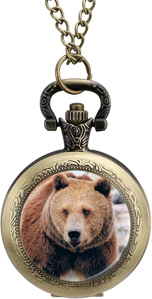 Alberta Grizzly Bear Vintage Pocket Watch Roman Numerals Scale Retro with Chain Classic and Elegant Timepiece