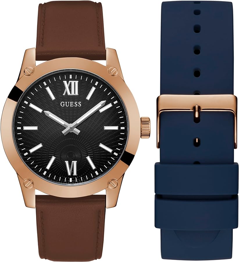 GUESS Men's 44mm Watch - Interchangeable Straps Strap Blue Dial Rose Gold Tone Case