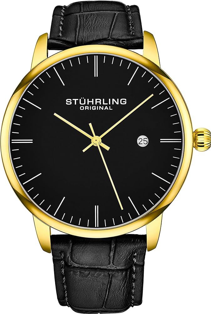 Stuhrling Original Mens Watch Calfskin Leather Strap - Dress + Casual Design - Analog Watch Dial with Date, 3997Z Watches for Men Collection (Black Gold)