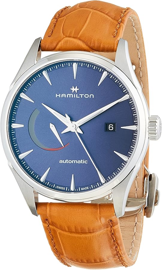 Hamilton Watch Jazzmaster Power Reserve Auto | Swiss Made | 42mm Stainless Steel Case | Blue Dial Analog Watch | Brown Leather Strap (Model: H32635541)