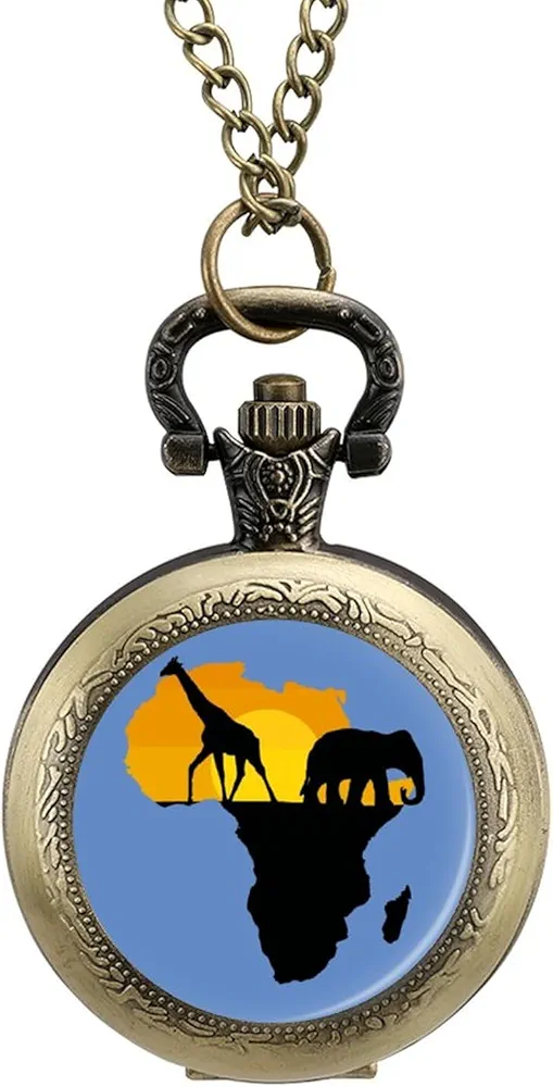 Africa Map Animal Giraffe Elephant Pocket Watches for Men with Chain Digital Vintage Mechanical Pocket Watch