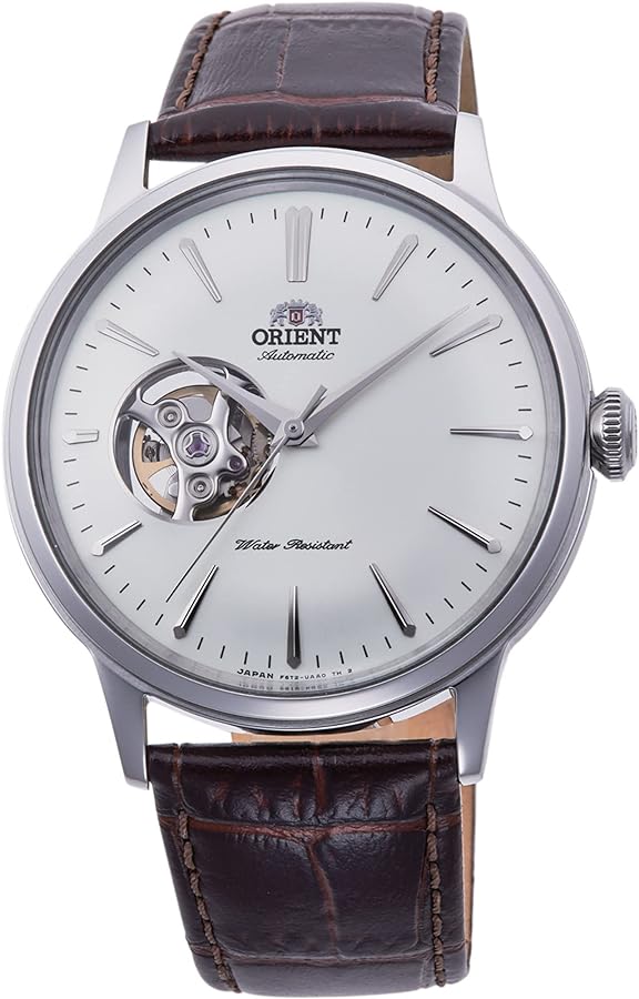 Orient 'Bambino Open Heart' Japanese Automatic Stainless Steel and Leather Dress Watch, Metallic Silver, Strap