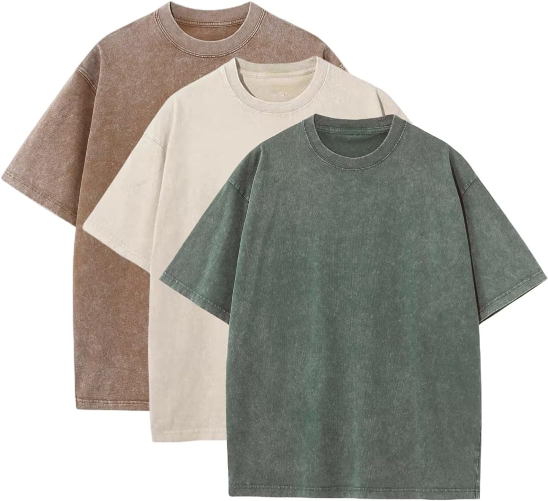 3 Pack Men's Oversized Heavy Cotton T-Shirts Vintage Tee Loose Fit Short Sleeve Casual Shirts for Men