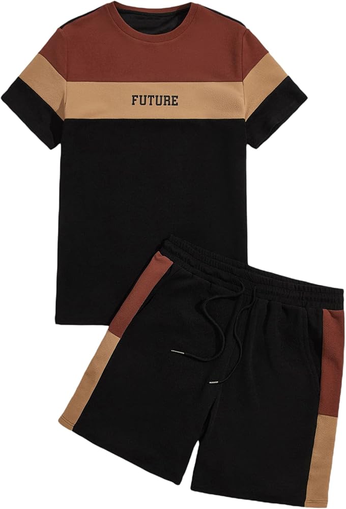 WDIRARA Men's 2 Piece Outfits Letter Print Color Block Tee and Drawstring Shorts Set