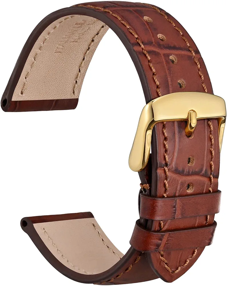 WOCCI 20mm Watch Band, Italian Leather, Embossed Alligator Grain, Gold Buckle (Brown)