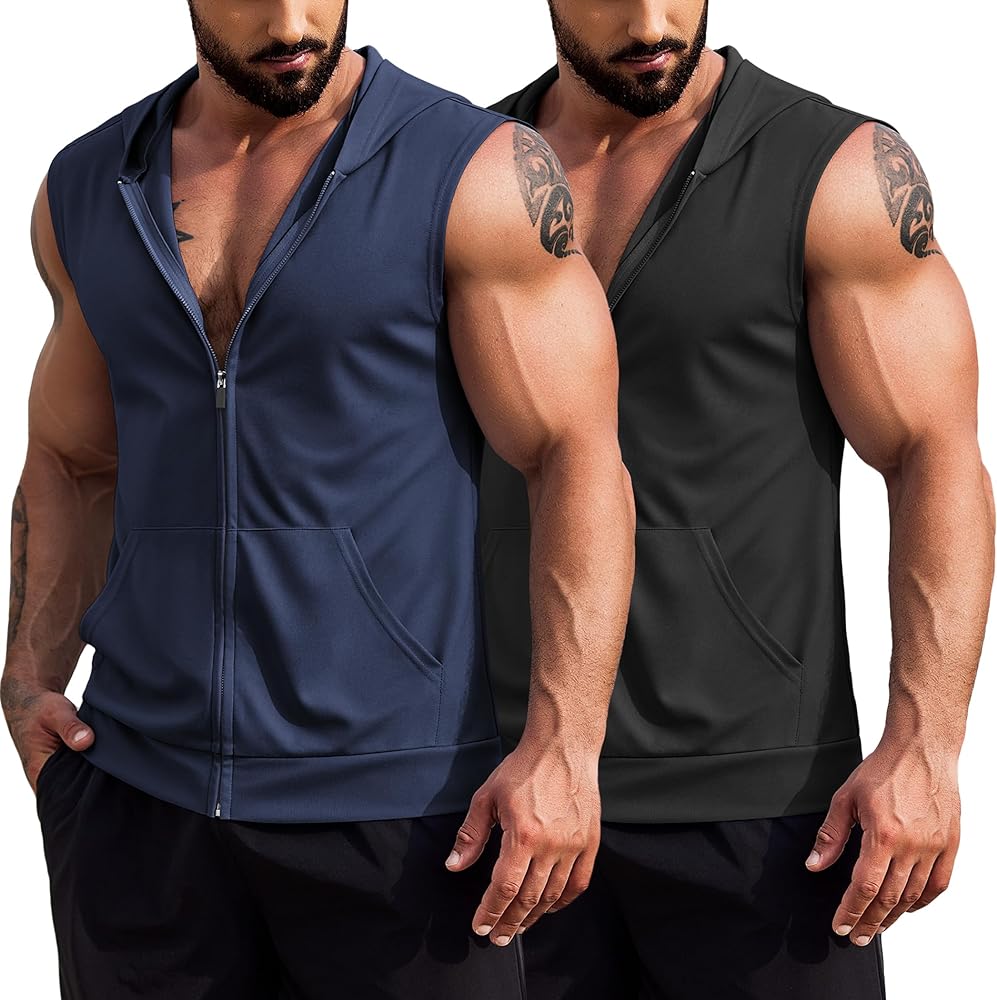 COOFANDY Men's Workout Hooded Tank Tops 2 Pack Zip Up Sleeveless Gym Shirts Muscle Cut Off T Shirt Bodybuilding Hoodies