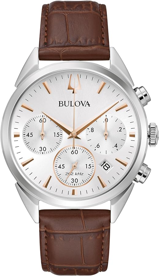 Bulova Men's Classic Sutton 6-Hand Chronograph High Performance Quartz Stainless Steel Case Watch with Brown Leather Strap, Silver-White Dial, 41.5mm Style:96B370