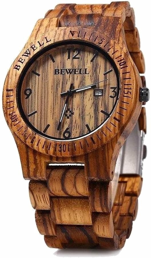 BEWELL Wooden Watch Fashion Handmade Sports Mens Wooden Watch Analog Quartz Lightweight Handmade Wood Wrist Watch