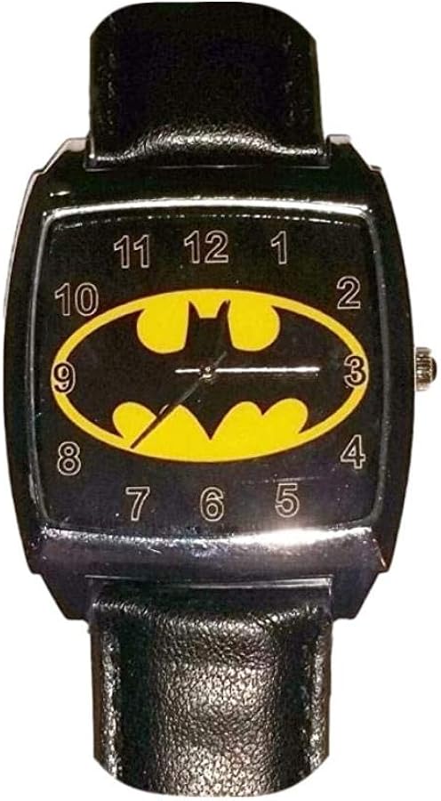 Superhero Bat Logo Square Face Genuine Leather Band Wrist Watch