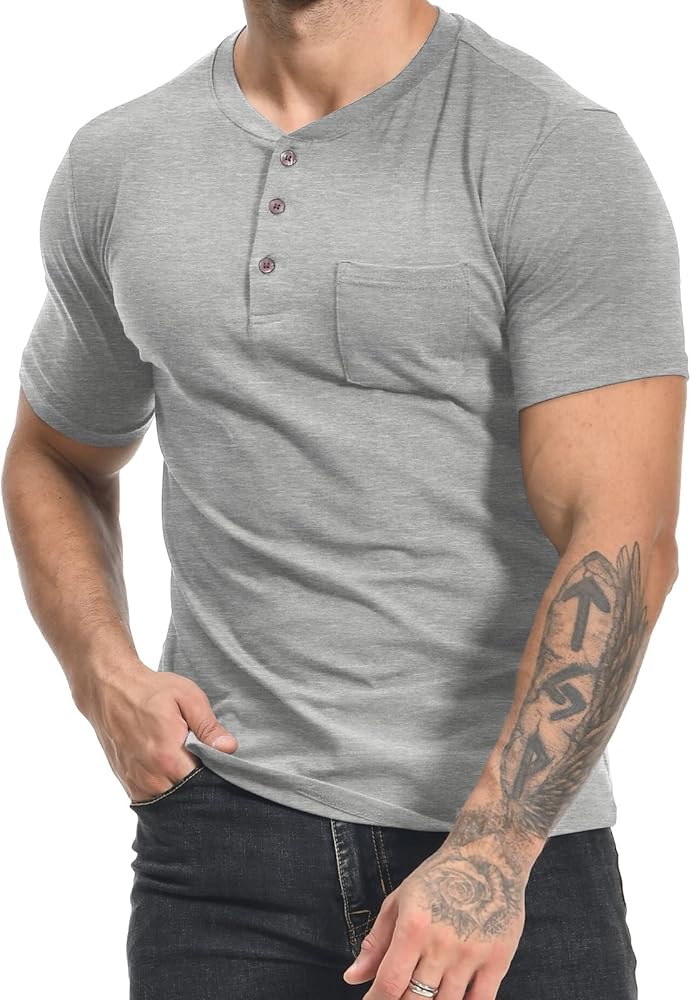 MLANM Mens Fashion Henley Shirts Short Sleeve Button Cotton T-Shirt