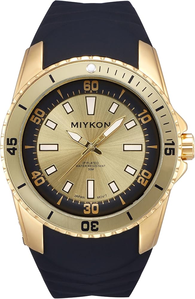 Miykon Men’s Casual Sport Watch - Comfortable Silicone Band, Japanese Quartz, Water Resistant, 46mm - Model B2G26 (Gold)