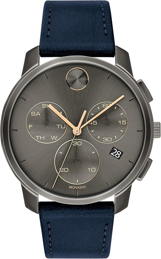 Movado Bold Thin Men's Swiss Qtz Chrono Stainless Steel and Leather Strap Casual Watch, Color: Navy (Model: 3600720)